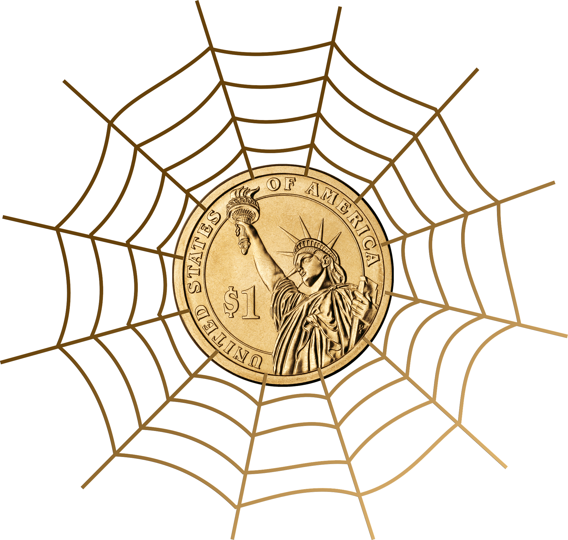 blog picture of spider web with a gold coin in the center